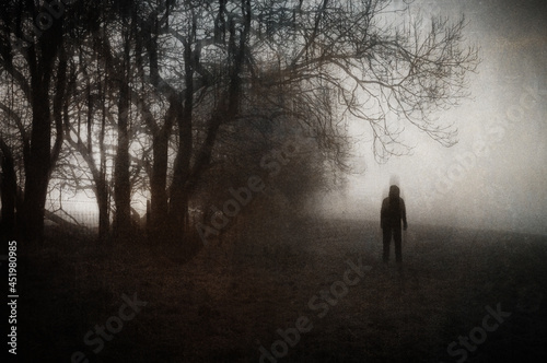 A mysterious figure. Standing in the countryside. On a spooky winters day. With a grunge  blurred edit.