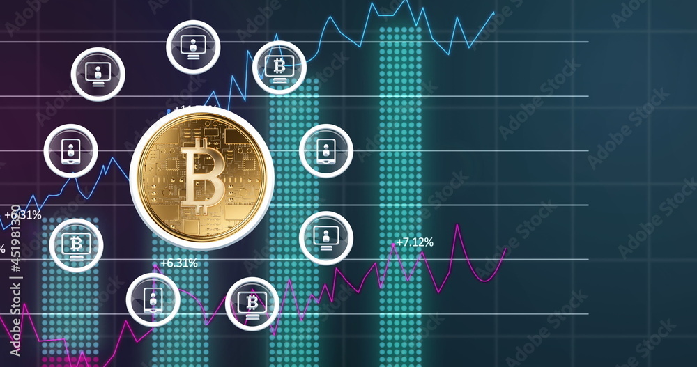 Bitcoin with network of icons over financial data processing. Bitcoin with network of icons over financial data processing.