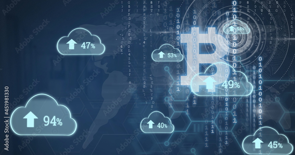 Cloud icons and bitcoins symbol over world map against blue background Cloud icons and bitcoins symbol over world map against blue background