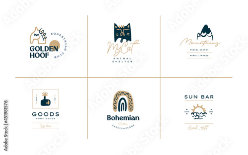Boho logo design templates collections. Doodle Bohemian icons and symbols set. Modern tribal, ethnic logotype. Vector illustration.