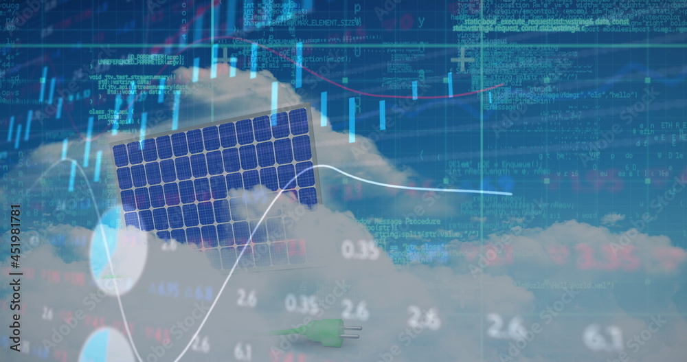Naklejka premium Financial data processing over solar panel against clouds in blue sky