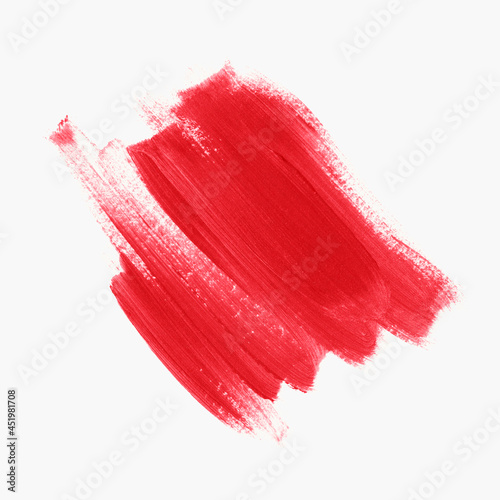 Red lipstick smudge graphic element design isolated on white background. Product sample. Vector.