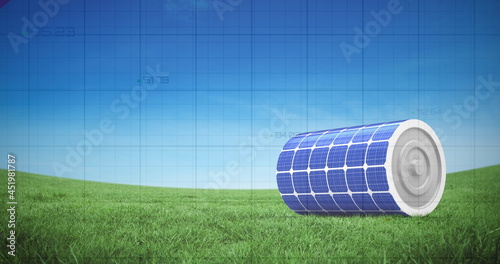 Multiple blue graphs moving over solar cylinder on grass against blue sky