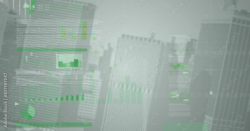 Financial and stock market data processing against tall buildings in background