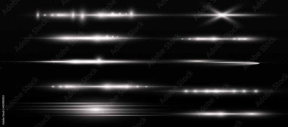 Horizontal light rays, flash white line beams. Horizontal light rays, flash white line beams.