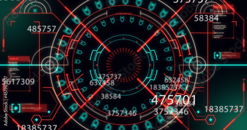 Image of numbers changing, scope scanning and financial data processing