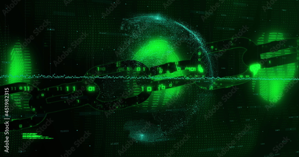 Security chain over spinning globe on black background Security chain over spinning globe on black background