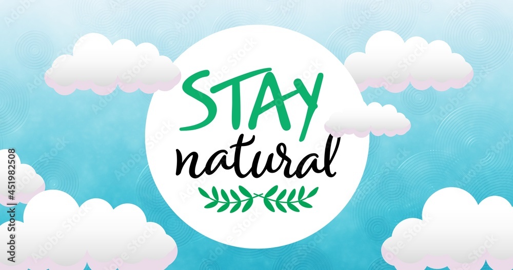 Composition of stay natural text and leaf logo over blue sky and clouds Composition of stay natural text and leaf logo over blue sky and clouds