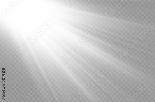 Sunlight flash  sun rays  white beam light. 