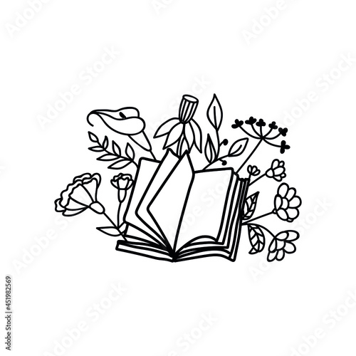 Single hand drawn book decorated with flowers and leaves. Doodle vector illustration. Isolated on a white background.