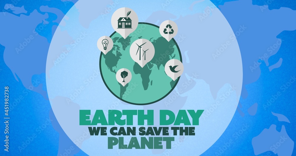 Composition of earth day text and green globe logo over world map background