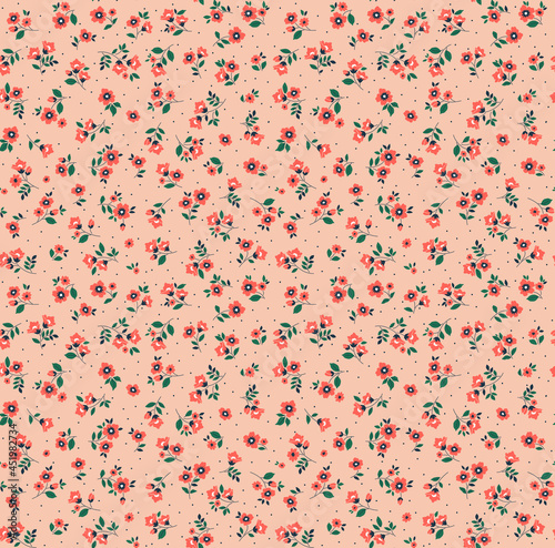 Cute floral pattern in the small flowers. Seamless vector texture. Elegant template for fashion prints. Printing with small red  flowers. Light coral background.