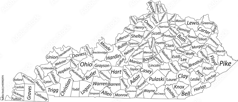 White vector map of the Federal State of Kentucky, USA with black borders and names of its counties