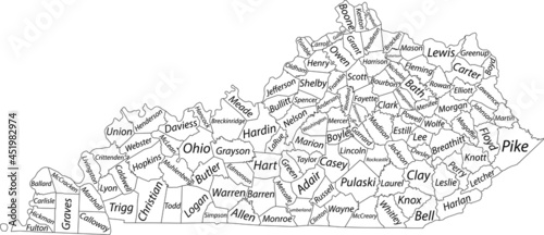 White vector map of the Federal State of Kentucky, USA with black borders and names of its counties