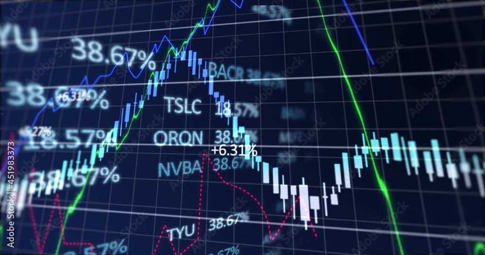 Image of stock market display with stock market tickers and graphs 4k