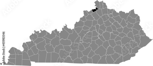 Black highlighted location map of the Gallatin County inside gray map of the Federal State of Kentucky, USA