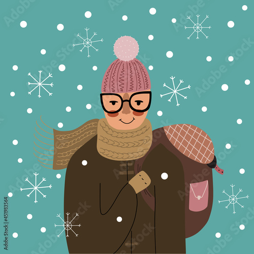 Person wearing warm and cozy clothes, scarf, hat and mittens, ready for cold winter outfit, with falling snow and snowflakes around 
