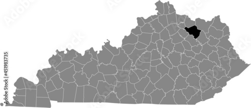 Black highlighted location map of the Fleming County inside gray map of the Federal State of Kentucky, USA