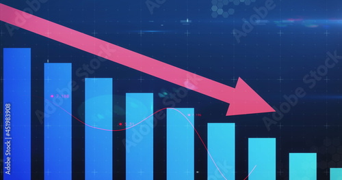 Image of financial statistics, data processing with red arrow descending and bubbles
