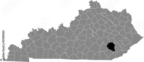 Black highlighted location map of the Clay County inside gray map of the Federal State of Kentucky, USA