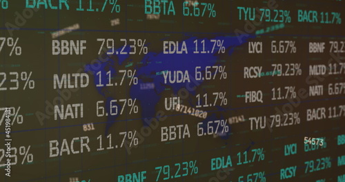 Digital composition of stock market data processing and multiple changing numbers against world map