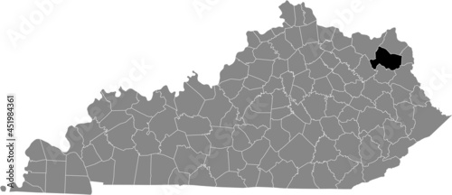 Black highlighted location map of the Carter County inside gray map of the Federal State of Kentucky, USA