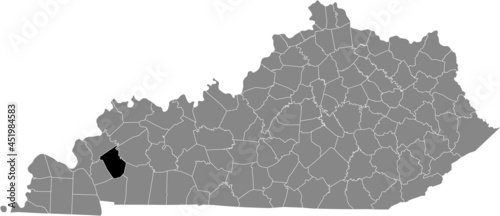 Black highlighted location map of the Caldwell County inside gray map of the Federal State of Kentucky, USA