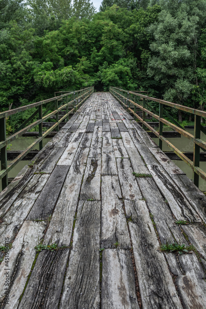 Old dilapidated bridge across the Danube in Hungary 