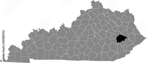 Black highlighted location map of the Breathitt County inside gray map of the Federal State of Kentucky, USA