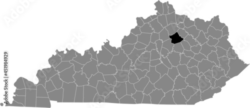 Black highlighted location map of the Bourbon County inside gray map of the Federal State of Kentucky, USA