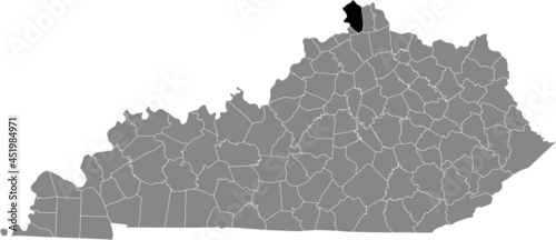 Black highlighted location map of the Boone County inside gray map of the Federal State of Kentucky, USA