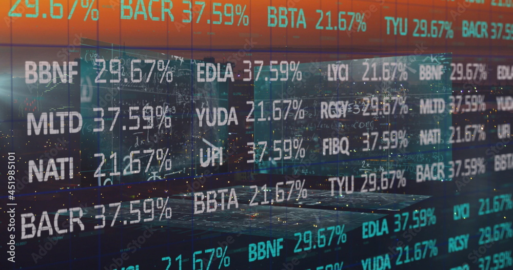Financial data and mathematic equations over city. Financial data and mathematic equations over city.