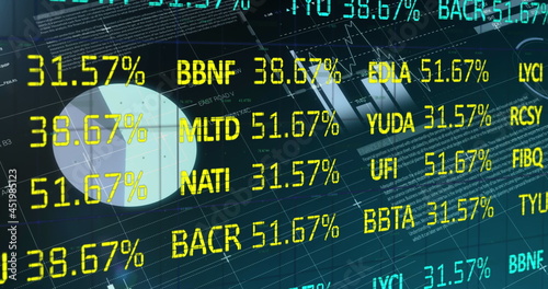 Stock market data and statistical data processing against blue background