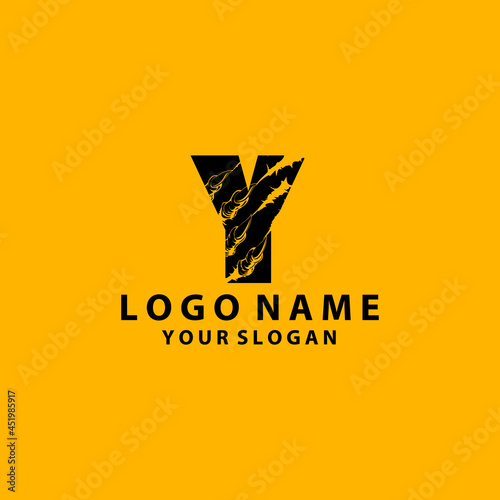 abstract shred black Y logo type isolated on cyan background creative design concept. Vector illustration.