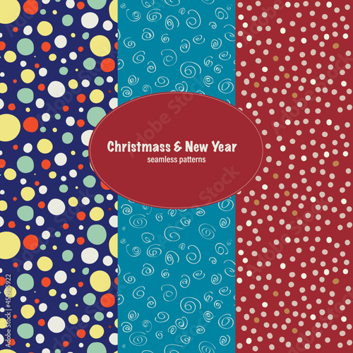 Set of seamless patterns with handmade paper circles for Christmas and New Year