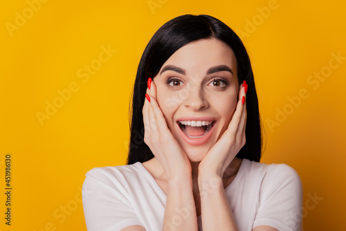 Portrait of positive girl feel excited touch hands cheeks news sale isolated over yellow color background © Tetiana