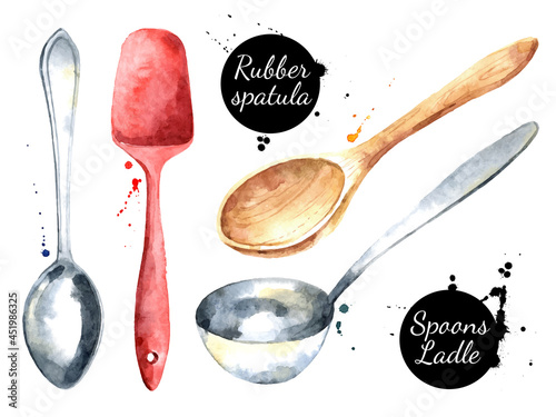 Watercolor illustration of kitchenware. Vector painted isolated dishes set on white background