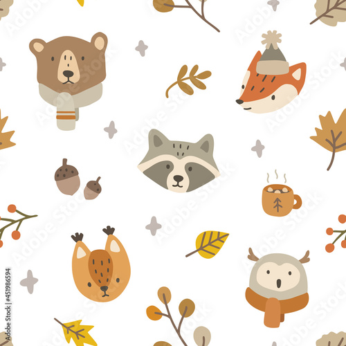 Cute and cozy autumn forest animals pattern. Seamless texture for textile, fabric, apparel, wrapping, paper, stationery.