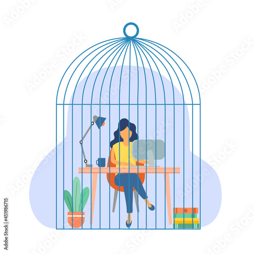 Woman employee working with computer in a giant cage flat design on white background. Tired and unhappy company worker.