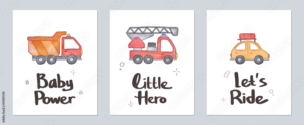 Cute watercolor baby cars poster. Hand drawn print for wall art, textile, fabric, apparel, nursery, paper, stationery.