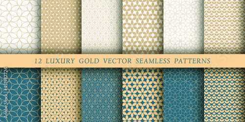 Set of 12 luxurious vector seamless patterns. Geometrical patterns on a white and emerald background. Modern illustrations for wallpapers, flyers, covers, banners, minimalistic ornaments, backgrounds.
