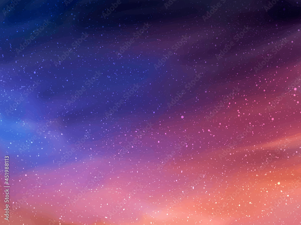 Fototapeta premium Magic night dark blue sky with sparkling stars. Silver scattered dust. Vector