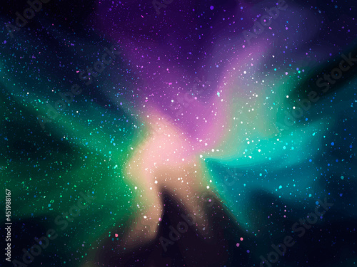 Multicolored northern lights . Magic night sky with sparkling stars. Glowing stardust. Vector