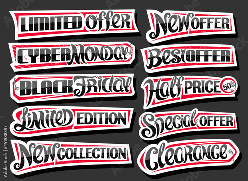 Vector set for Sales, decorative cut paper ad signboards for black friday and cyber monday sale, big collection of red horizontal isolated pricetags with handwritten lettering for short sales slogans.