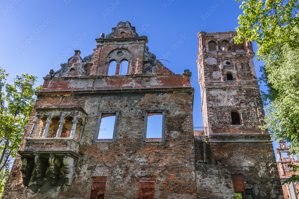 Close up on a facade of ruined palace in Tworkow, small village in Silesia region of Poland