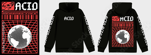 Abstract acid planet. Stylish sweatshirt with a hood in Acid Graphic style, trendy streetwear with lettering, vector illustration