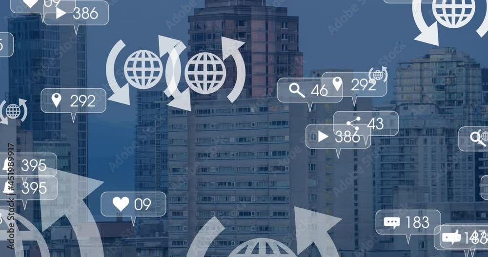 Animation of icons over cityscape