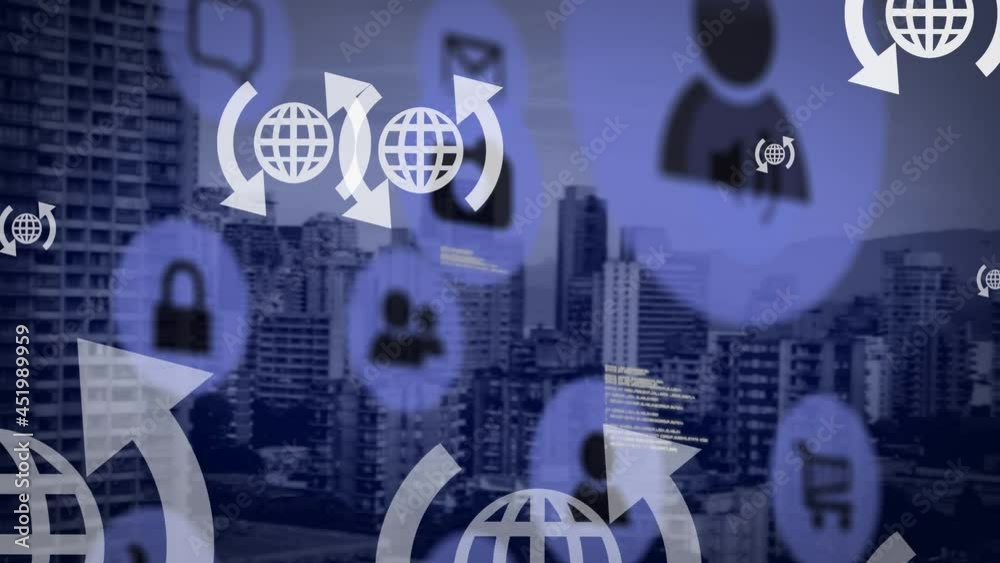 Animation of icons over cityscape Animation of icons over cityscape