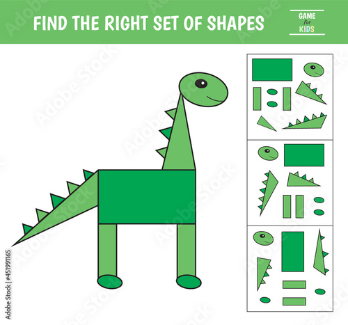 Educational game for kids. Geometrical figure dinosaur. Find the correct block with geometric shapes. Preschool worksheet activity. Vector illustration