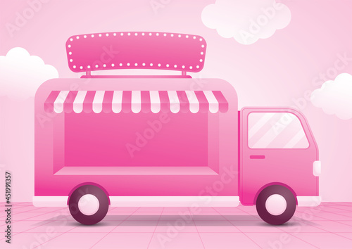 girly pastel pink truck  with window display for putting your object and light bulb signage on sweet pink floor and sky 3d illustration vector